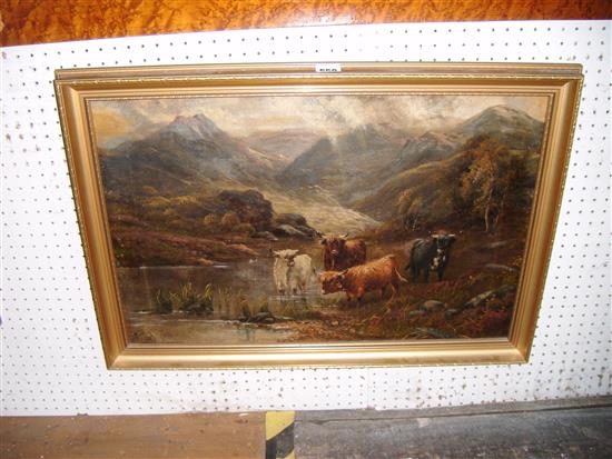 Octavius Thomas Clark , oil on canvas, Highland landscape with cattle